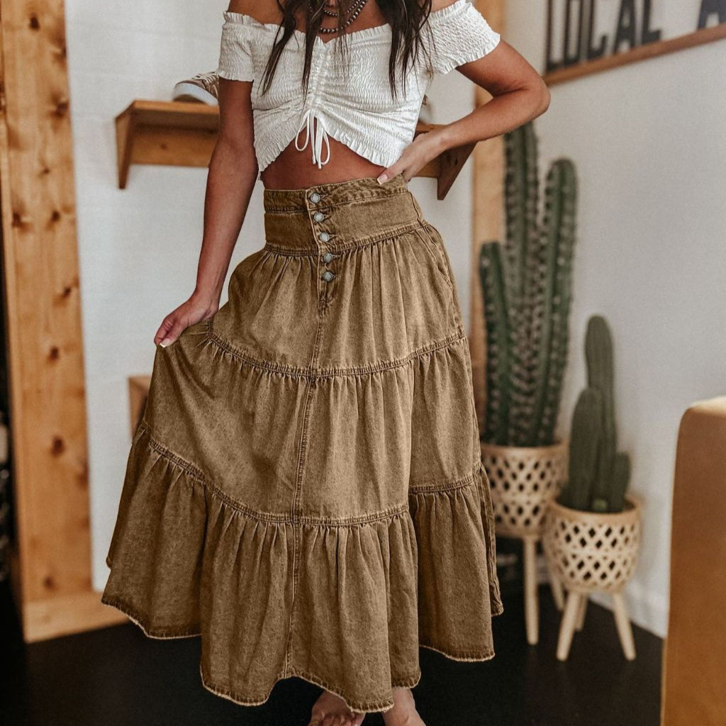 Lola Denim Maxi Skirt - Camel