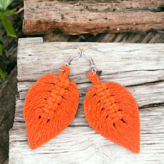 Macrame Leaf Earrings - Orange