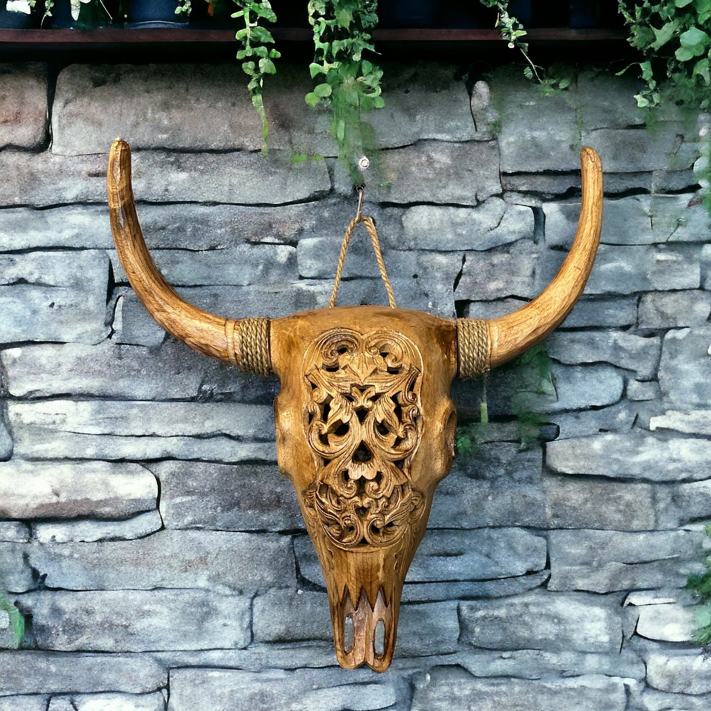 Hand carved wooden bulls head - Natural