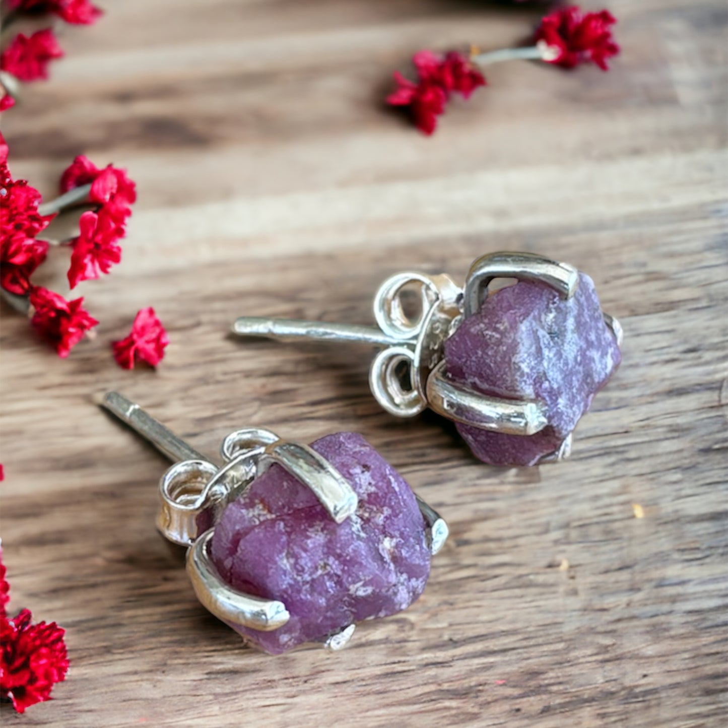 Raw ruby stone sterling silver stud earrings