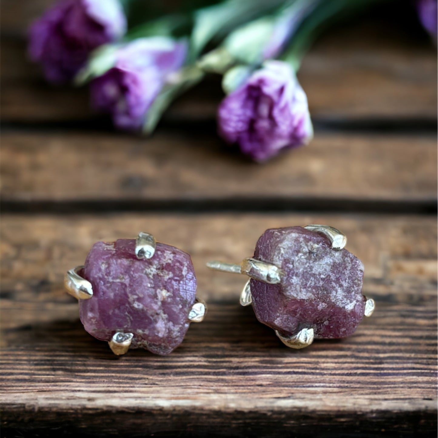 Raw ruby stone sterling silver stud earrings