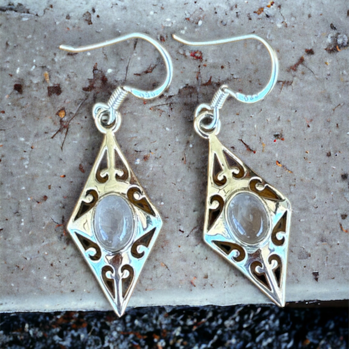Rose Quartz diamond shaped sterling silver earrings