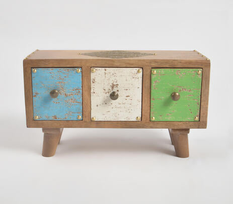 Hand cut distressed wood mini chest of 3 drawers