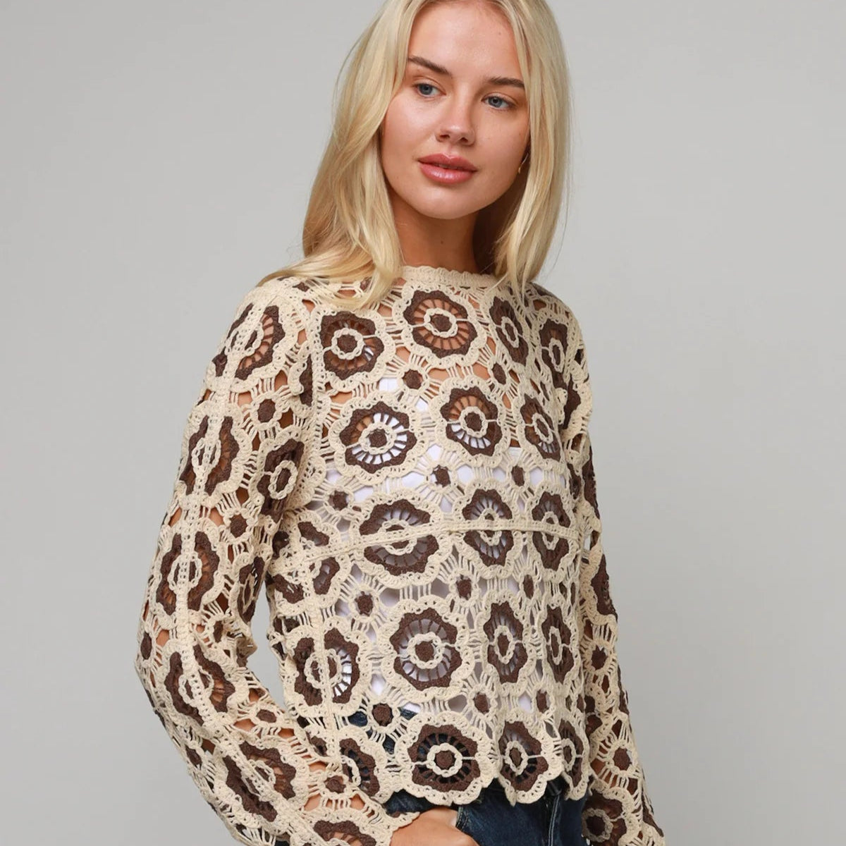 Crochet patchwork top - brown and cream