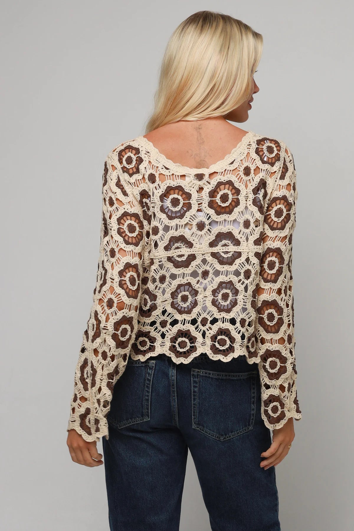 Crochet patchwork top - brown and cream