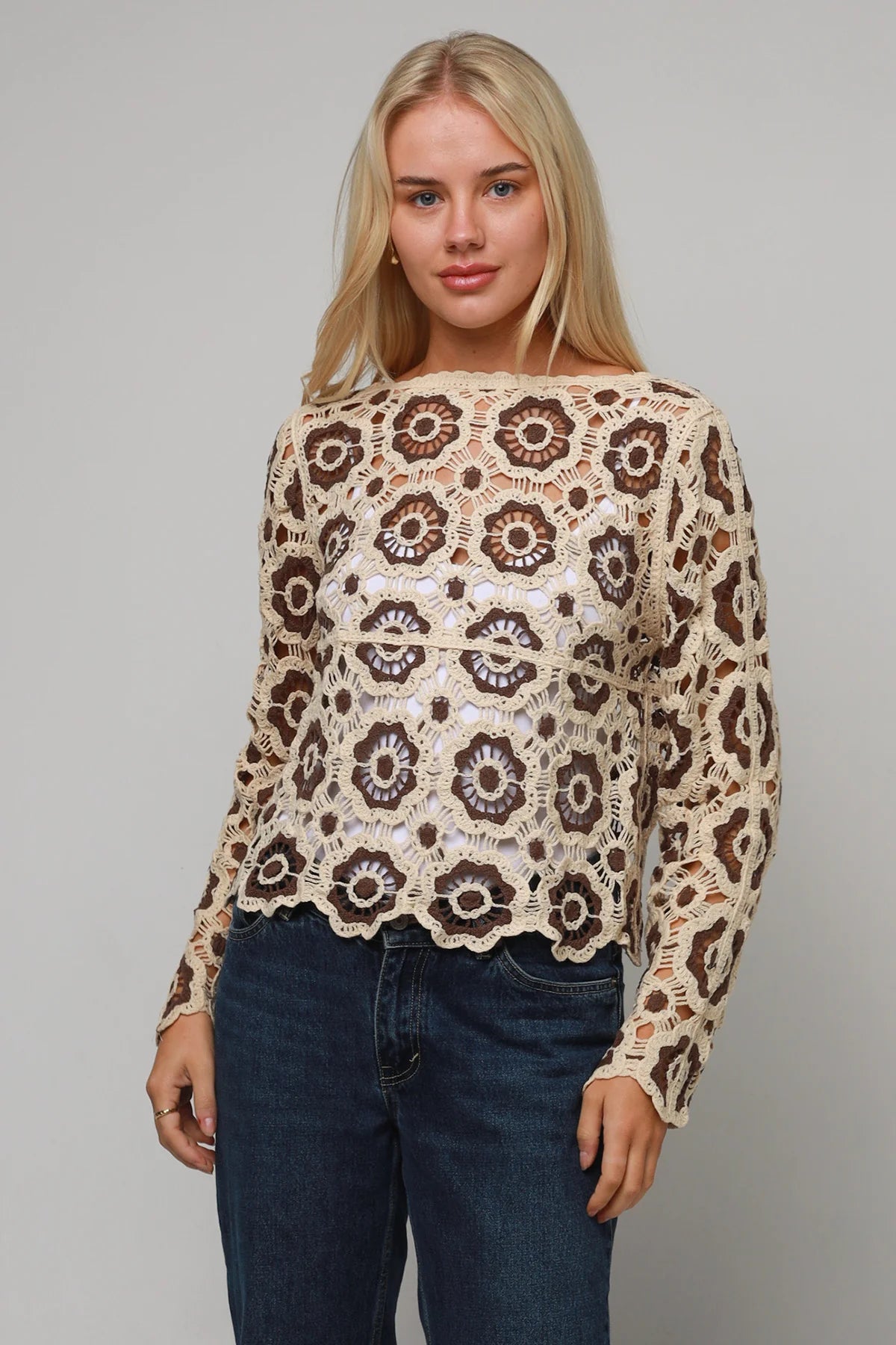 Crochet patchwork top - brown and cream