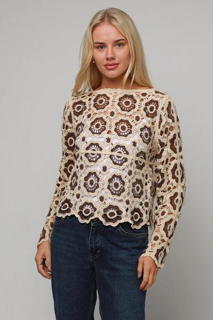 Crochet patchwork top - brown and cream