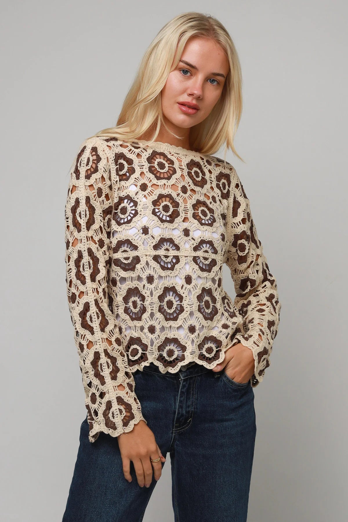 Crochet patchwork top - brown and cream