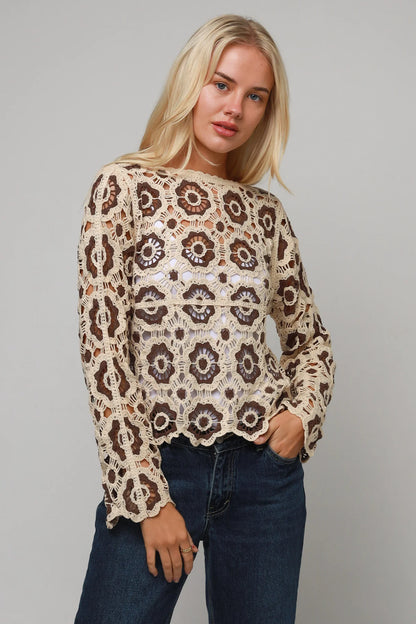 Crochet patchwork top - brown and cream