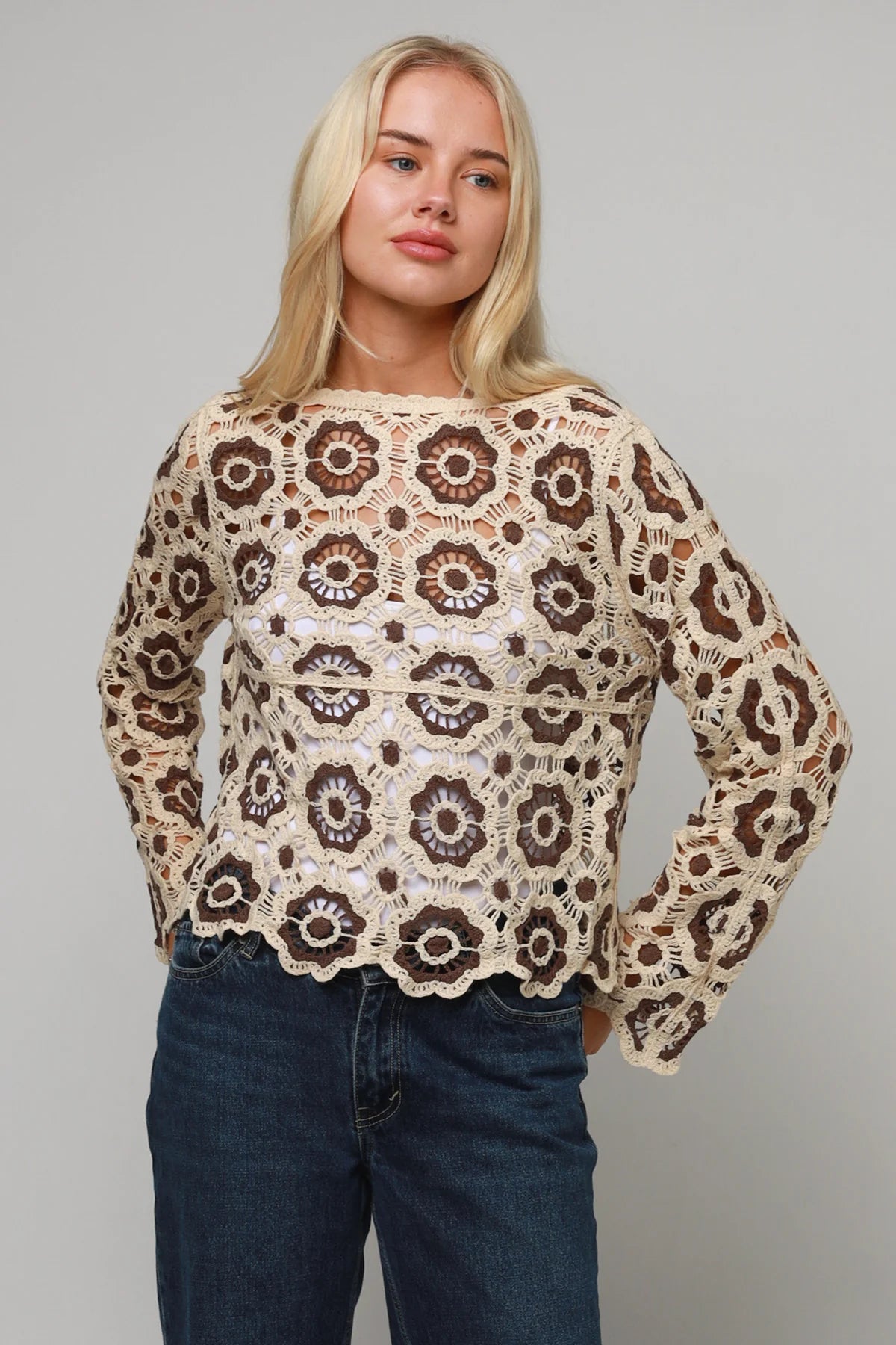 Crochet patchwork top - brown and cream