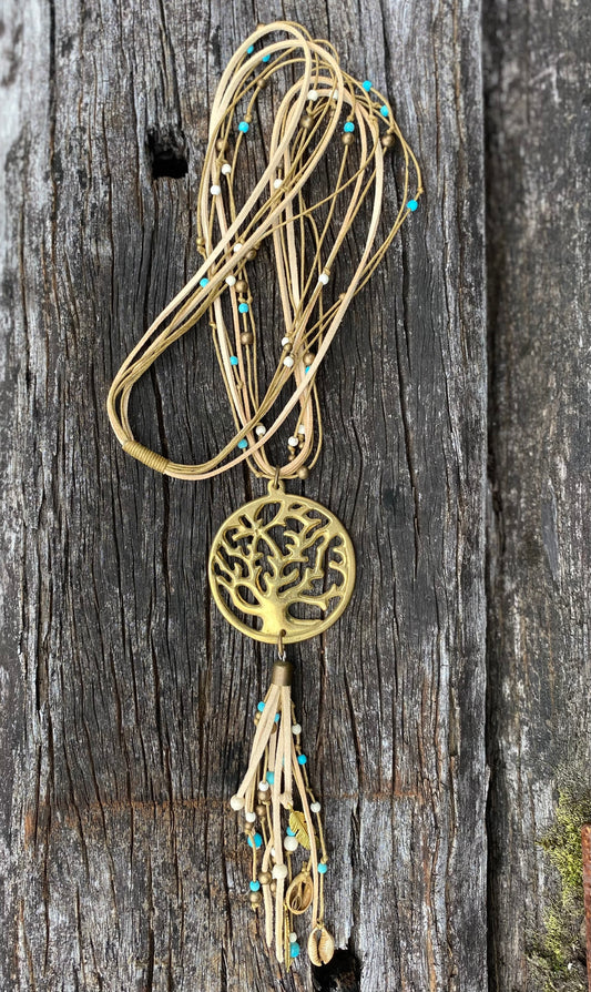 Suede Tree of Life Necklace - Beige