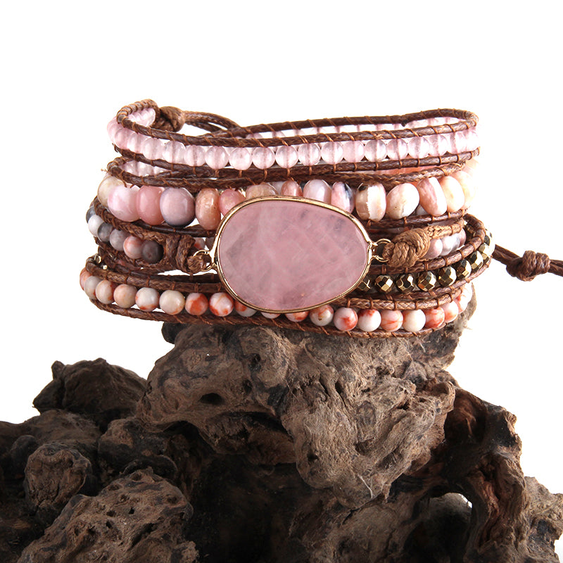 Natural Stone Wrap Bracelet - Rose Quartz