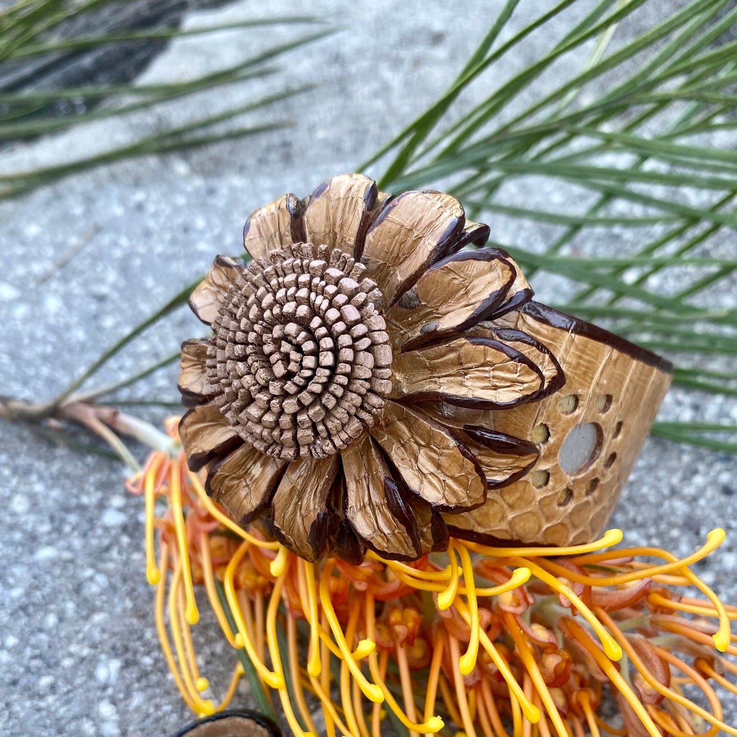 Snakeskin Flower Cuff - Light Tan