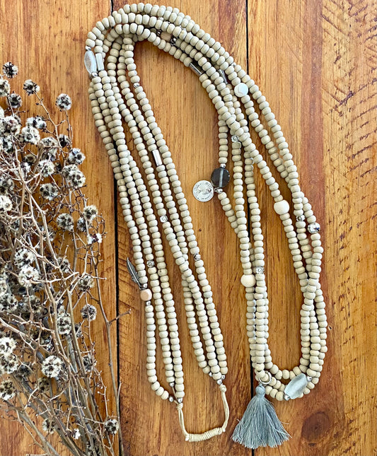 Multistrand Wooden Tassel Charm Necklace - Beige