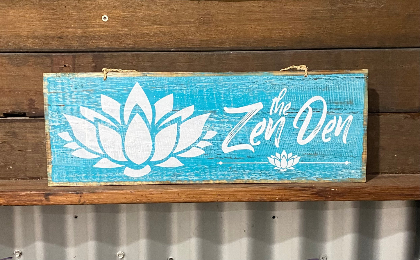 "Zen Den" wooden sign
