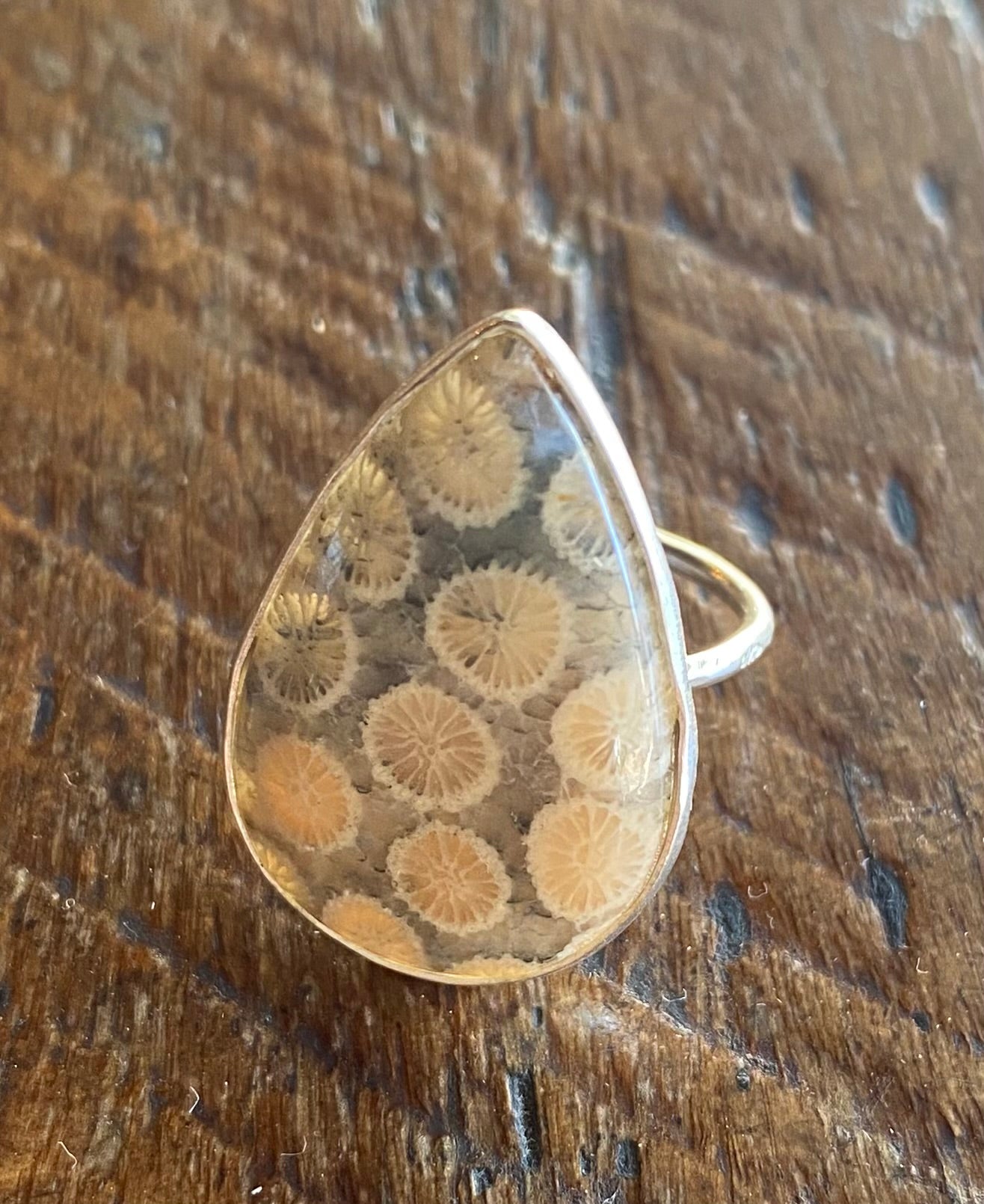 Sterling Silver Tear Shaped Fossil Coral Ring