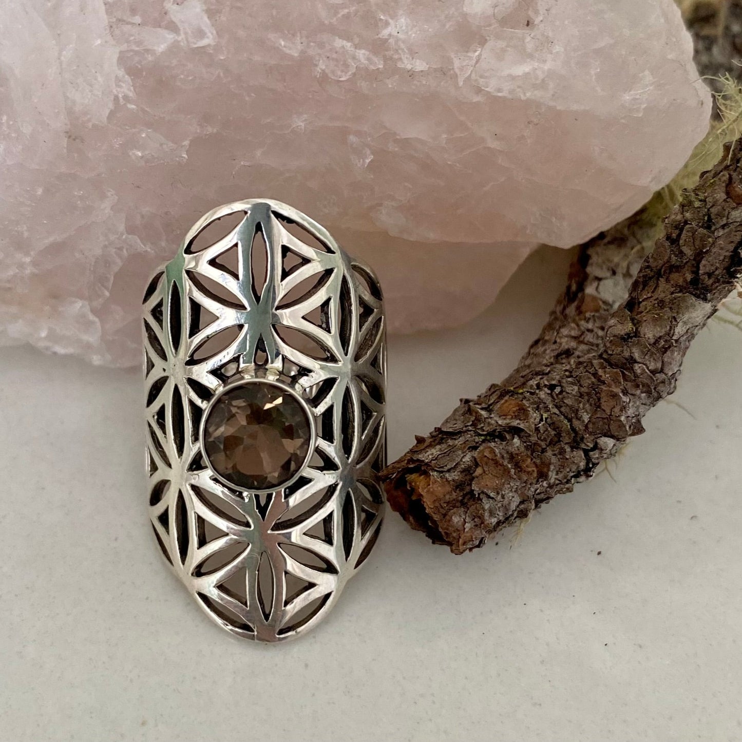 Sterling Silver Geometric Smoky Quartz Stone Ring