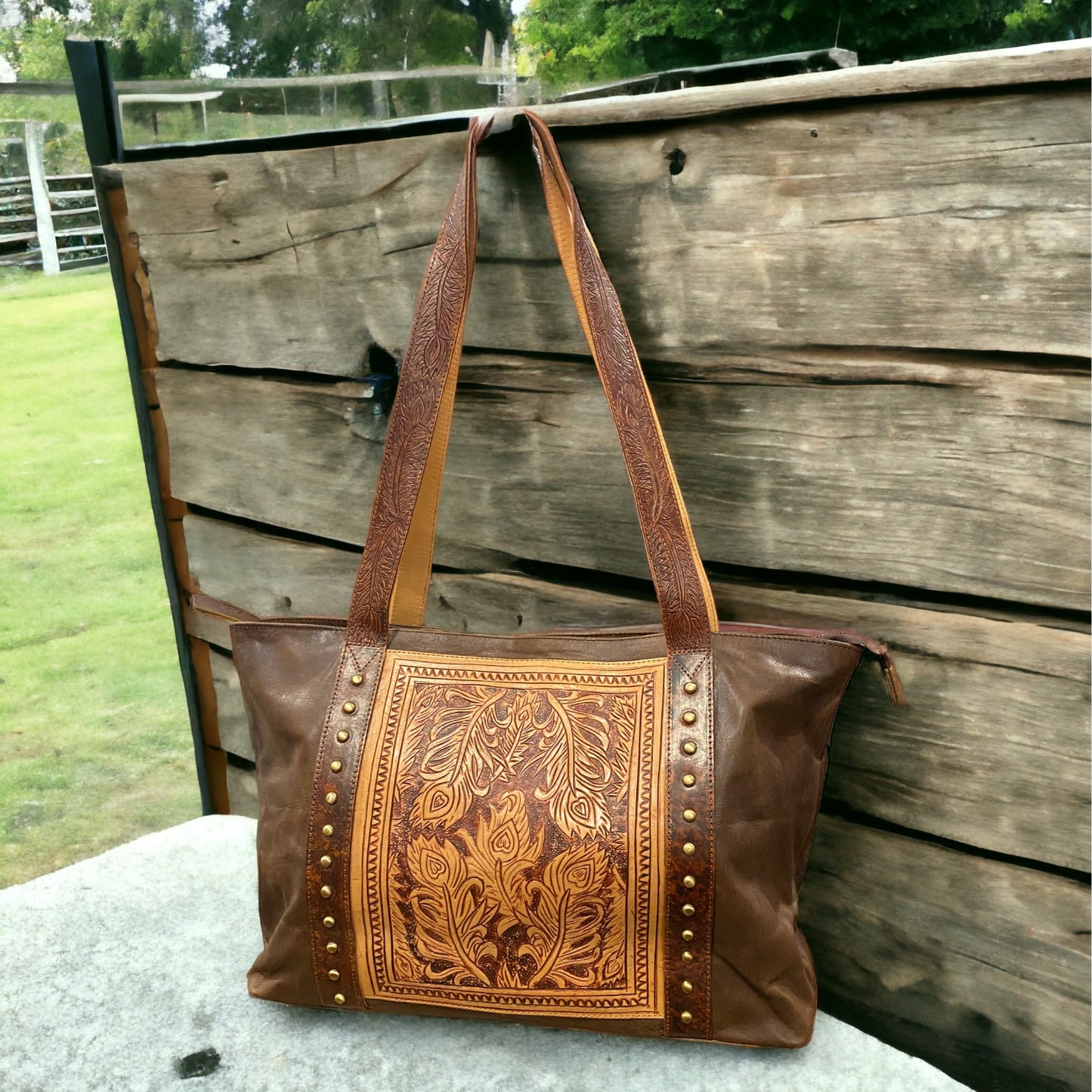 Peacock Leather Tote Bag