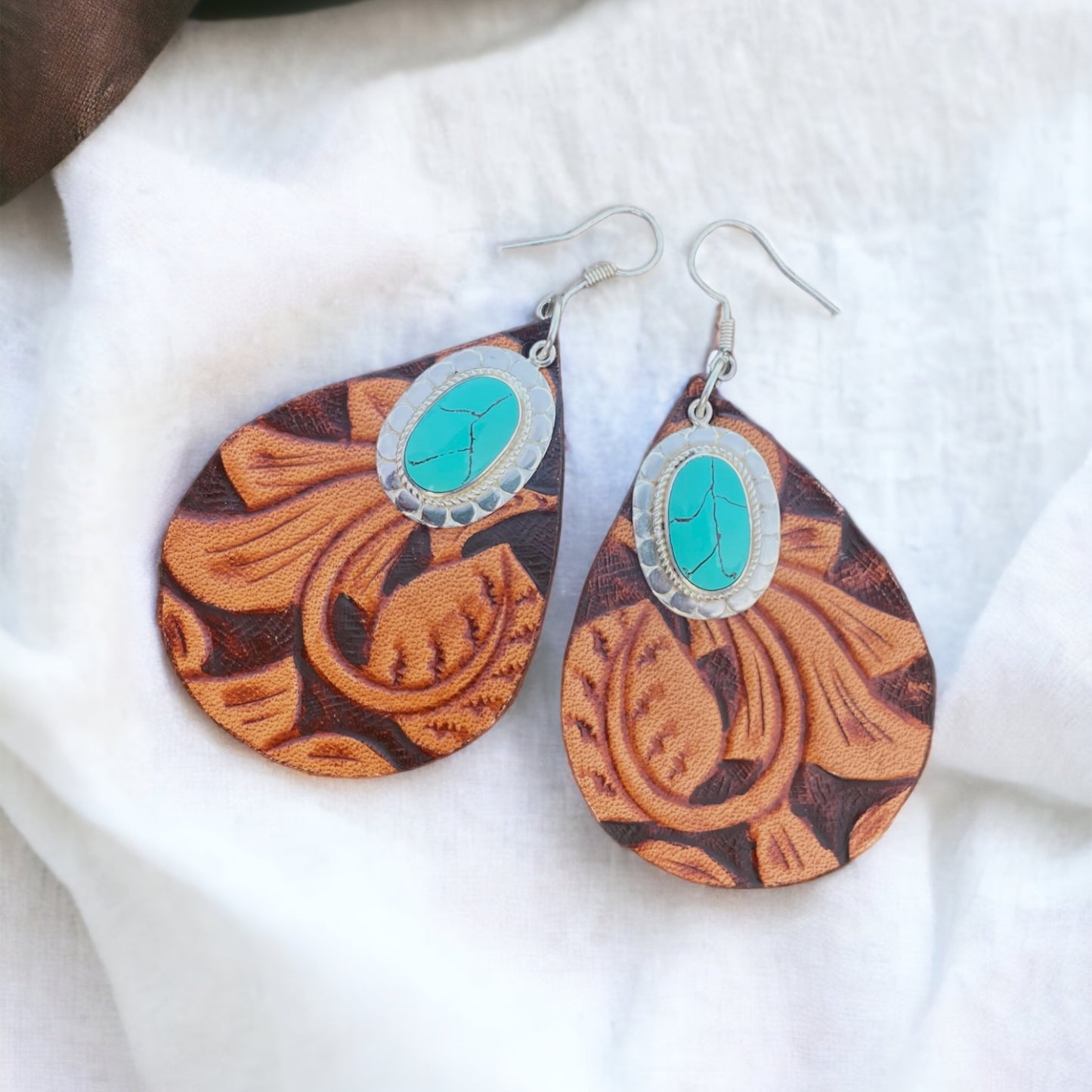 Turquoise Teardrop Leather Earrings