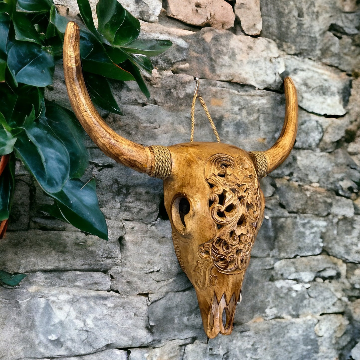 Hand carved wooden bulls head - Natural