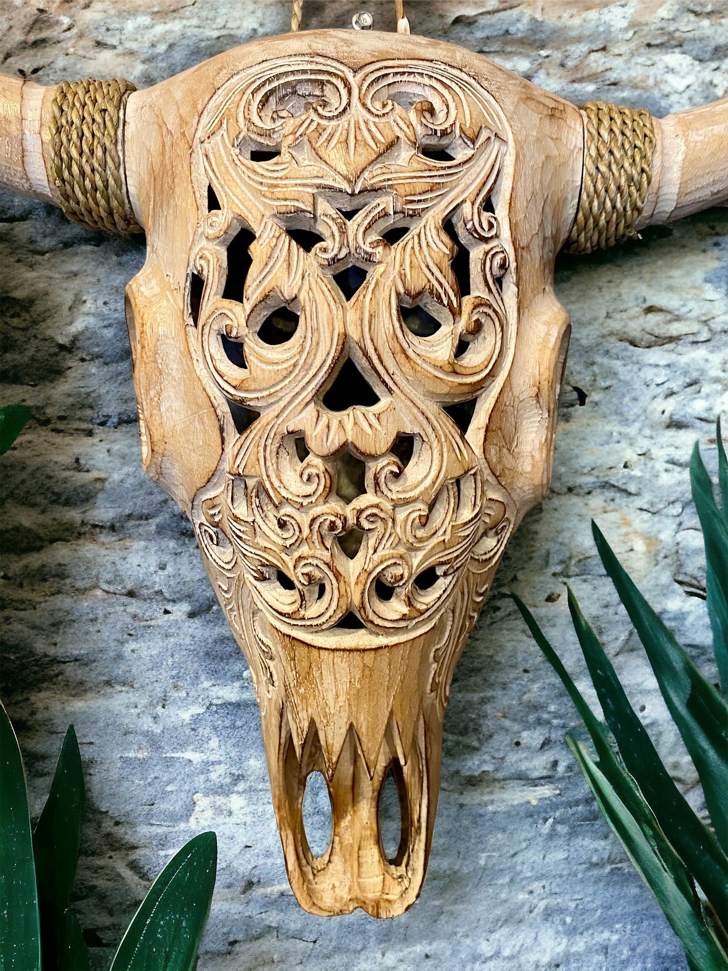 Hand carved wooden bulls head - White