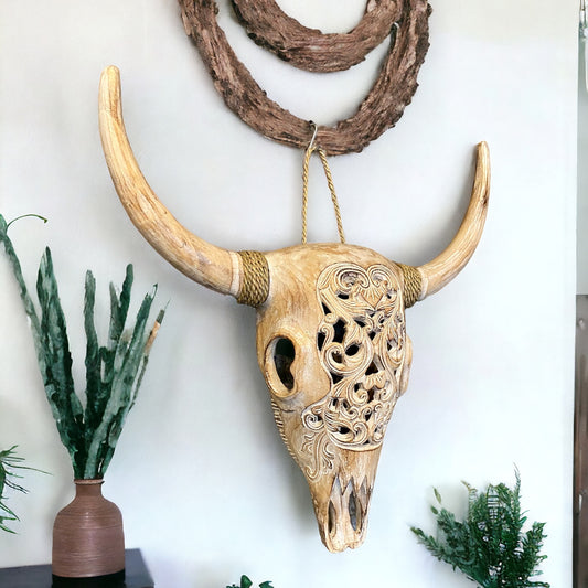 PREORDER Hand carved wooden bulls head - White