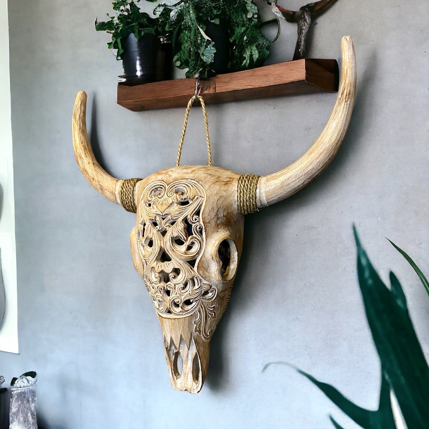 Hand carved wooden bulls head - White