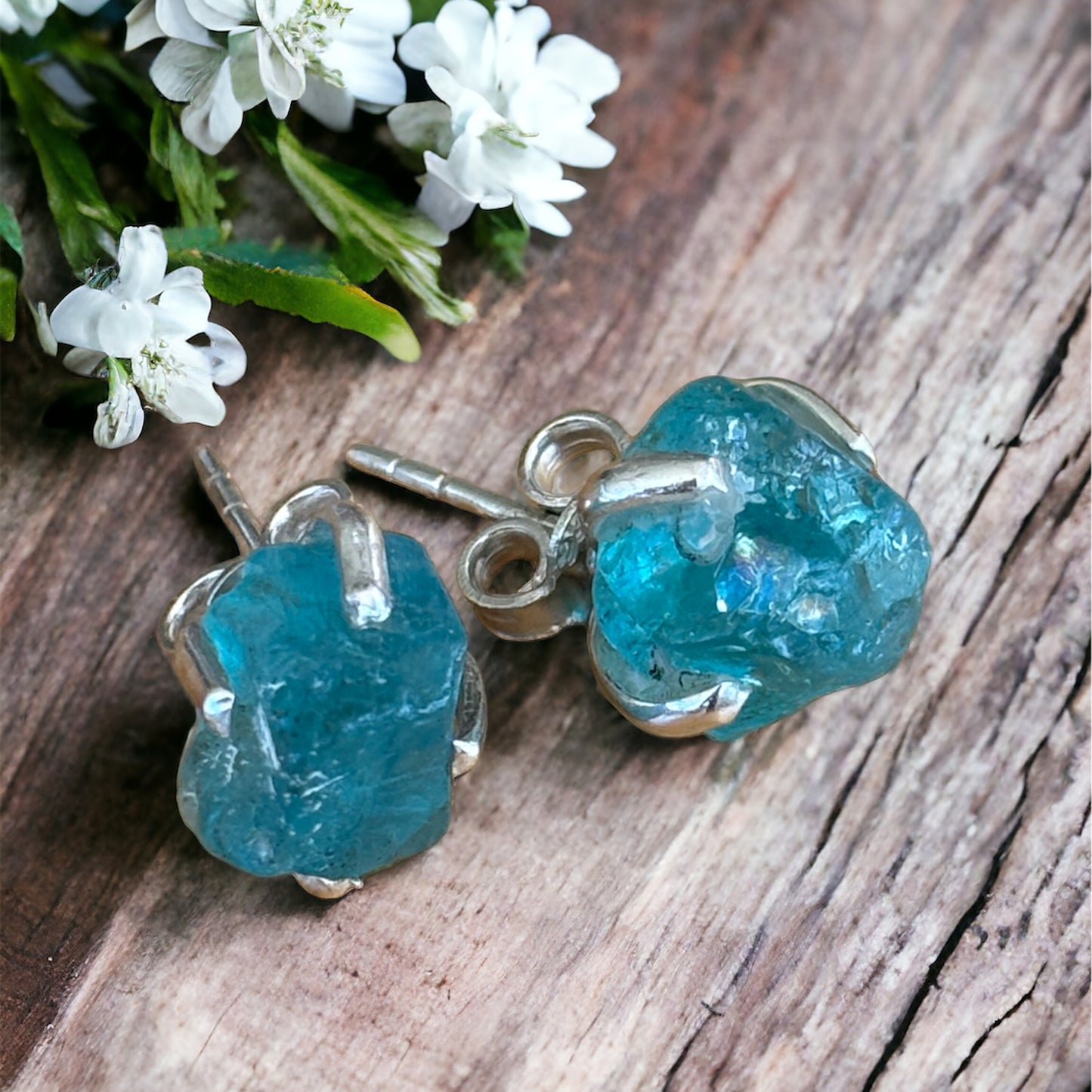 Raw apatite stone sterling silver stud earrings
