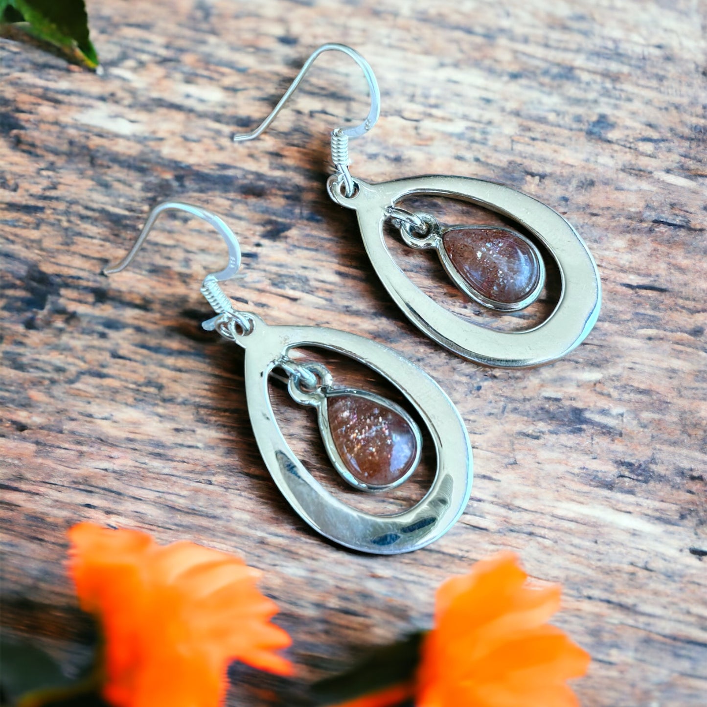 Sunstone oval sterling silver earrings