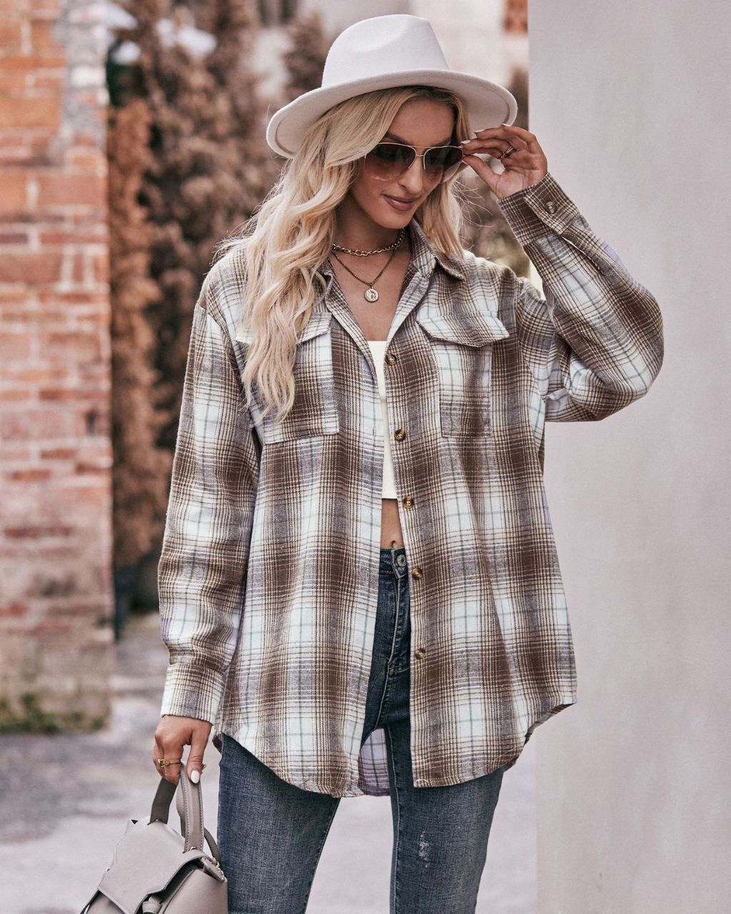 Relaxed Fit Flannel Shirt - Beige