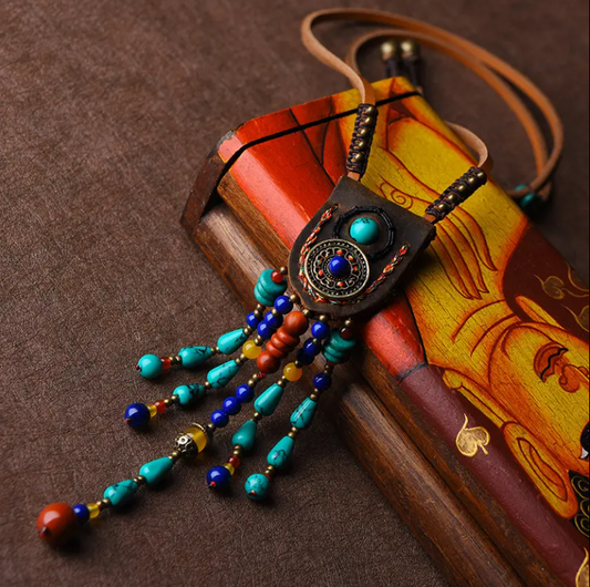 Leather stone beaded tassel necklace