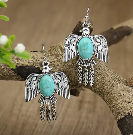 Silver Turquoise Thunder Bird Earrings