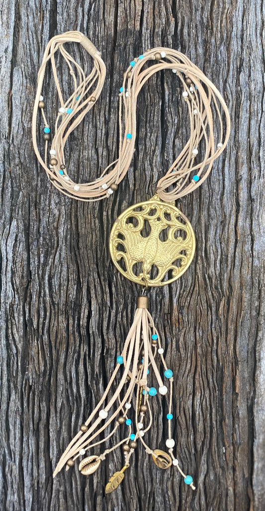 Suede Bird Necklace - Beige
