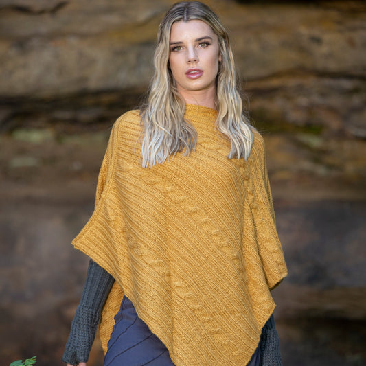 Cable Poncho - Mustard