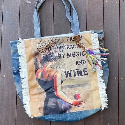 Vintage Denim Wine & Music Tote Bag